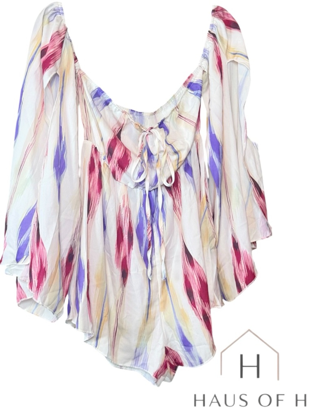 Women's Multicolor Boho Tie-Front Blouse off the shoulder size M